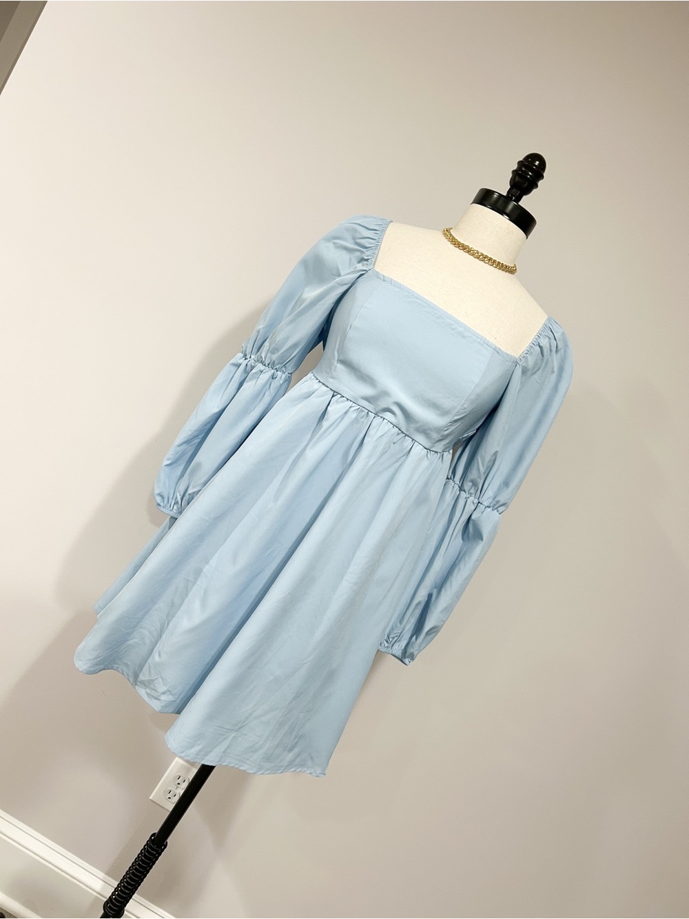 Girls' Light Blue Square-Neck Puff Sleeve Party Dress